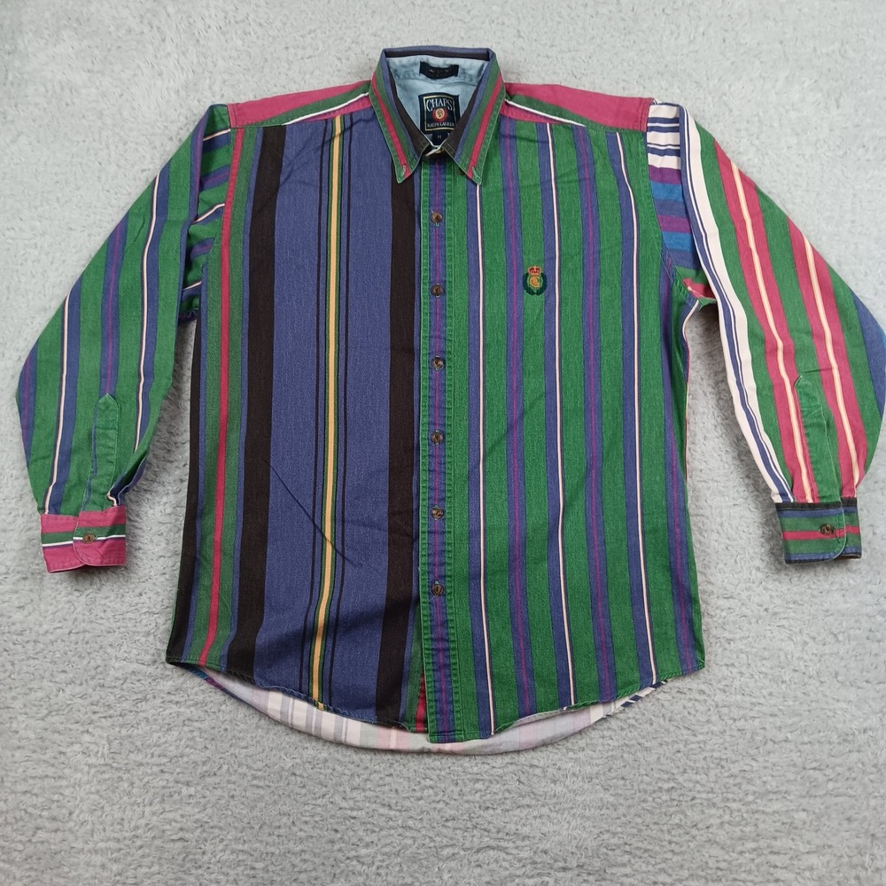 VTG Chaps Ralph Lauren Button Down Shirt Mens M Multicolor Striped Crest Logo